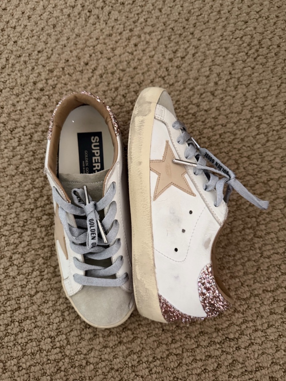 Golden Goose White Sneakers with Beige Star and Pink Glitter Heel
